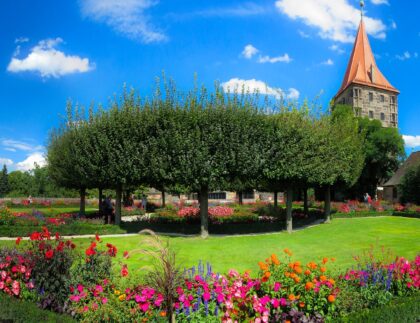 A landscape plan with boxwood borders, colorful flower beds, and a circular garden bed shaded by trees.